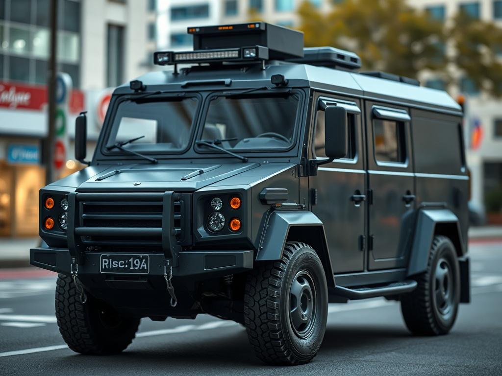 A hyper-realistic close-up shot of a normal armored vehicle designed for civilian use, set against a blurred urban background. The vehicle should be sleek and modern, showcasing its protective features such as reinforced windows and sturdy body. The image should evoke a sense of safety and reliability, with a focus on the vehicle's details. The primary color theme should incorporate rgb(50, 170, 39) to enhance the visual appeal.
