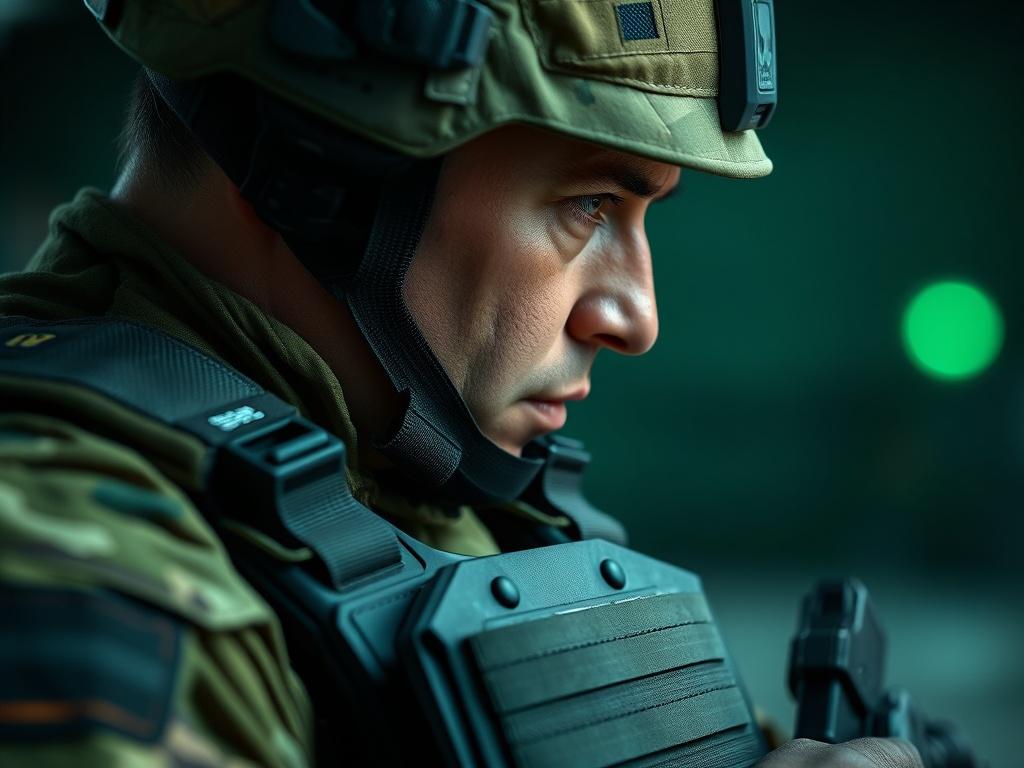 A close-up shot of a soldier testing a ballistic vest in a controlled environment. The focus is on the vest's material and texture, showcasing its durability. The background is blurred to emphasize the soldier and the vest, with green tones reflecting the RGB color scheme.