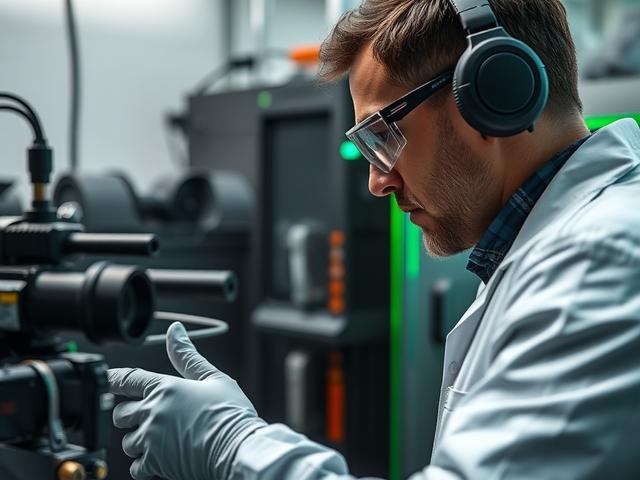 Create a realistic high-resolution photo that represents the blog titled "Importância dos Testes Balísticos." The composition should be simple and clear, focusing on a single subject: a skilled technician conducting a ballistic test in a laboratory setting. The technician should be wearing appropriate safety gear, such as gloves and goggles, and should be intently observing a ballistic vest being tested against various projectile types.

In the background, include high-tech equipment and tools used for ball
