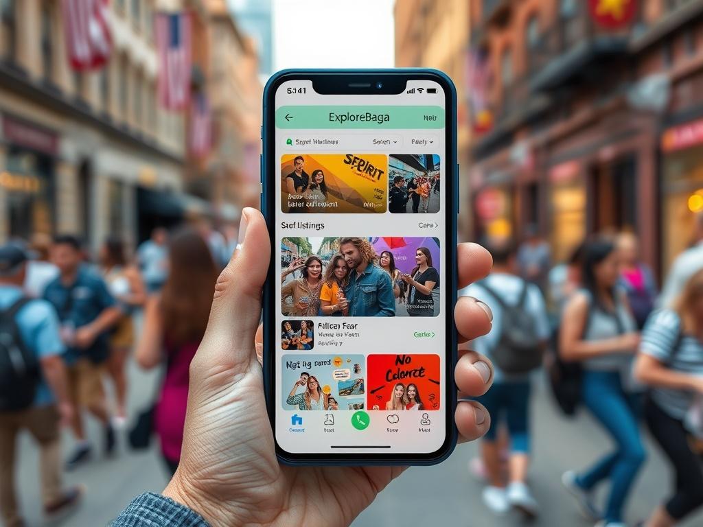 A close-up of a smartphone displaying the ExploreBaga app interface, showcasing vibrant listings of local events and activities. The background should include elements of a bustling city, hinting at the community spirit. The composition should focus on the phone, with a blurred backdrop of people enjoying activities, symbolizing the connection between technology and real-life experiences.
