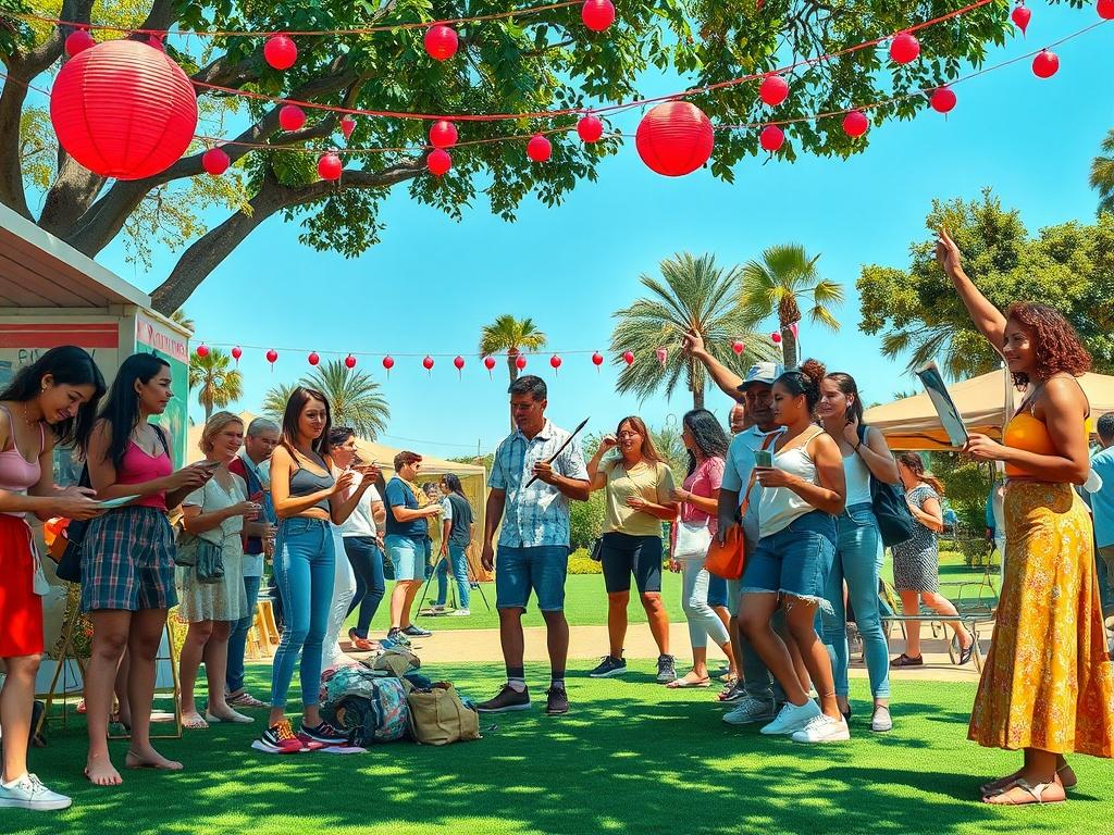 A vibrant scene depicting a diverse group of people engaging in various activities like painting, dancing, and socializing in a local park. The atmosphere is lively and joyful, with colorful decorations and a sunny background. The focus is on the interactions between individuals, capturing genuine connections and moments of creativity. The composition should be clear and inviting, showcasing the spirit of community and exploration.