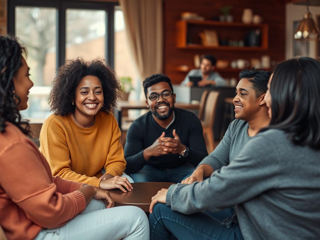 A warm and inviting scene of a group of diverse individuals sitting in a circle, engaging in a meaningful conversation. The setting is cozy, perhaps in a café or community space, with soft lighting. The focus should be on the expressions of joy and connection among the participants, emphasizing the theme of authentic relationships and shared experiences.
