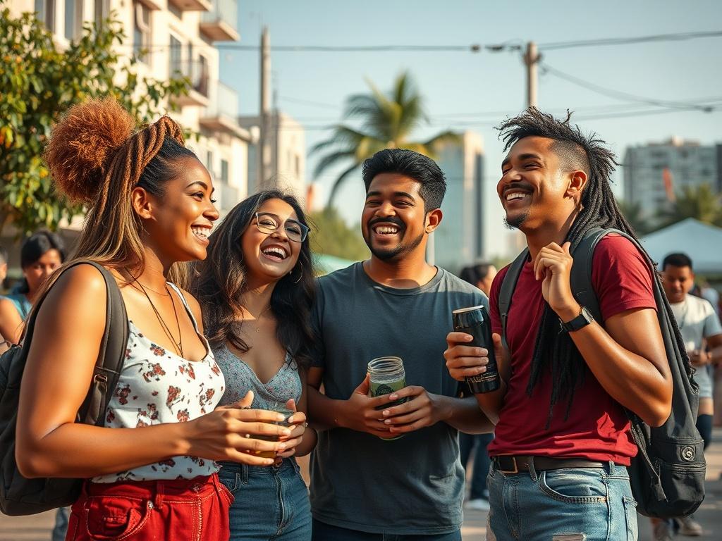 A high-resolution image of a vibrant urban scene showcasing diverse people engaging in various activities, emphasizing community and exploration. The composition should be minimalistic with clean lines and bold, vibrant colors. The focus should be on a group of friends laughing and sharing experiences at an outdoor club event, with elements of nature around them, creating a sense of connection and joy.