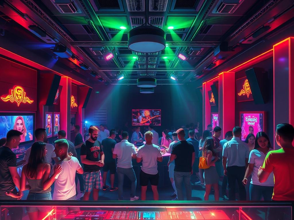 An inviting club interior filled with people dancing and socializing. The scene features colorful lighting, a DJ booth, and lively patrons enjoying themselves. The atmosphere is vibrant and energetic, emphasizing the joy of nightlife and social connections. The focus is on the sense of togetherness and the experience of being in a club.