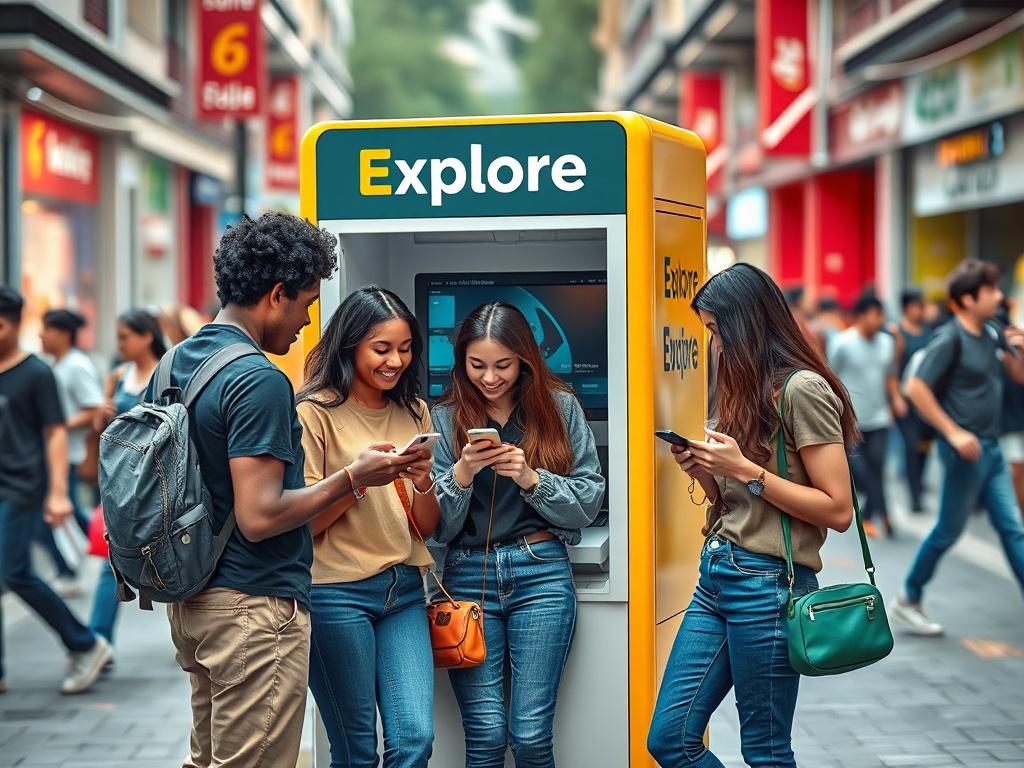 A group of friends gathered around an ExploreBaga automated kiosk in a lively street, looking at their phones with excitement. The background shows a vibrant urban setting with people passing by, highlighting the concept of connection and shared experiences through technology. The colors are bright and inviting, creating a sense of community.
