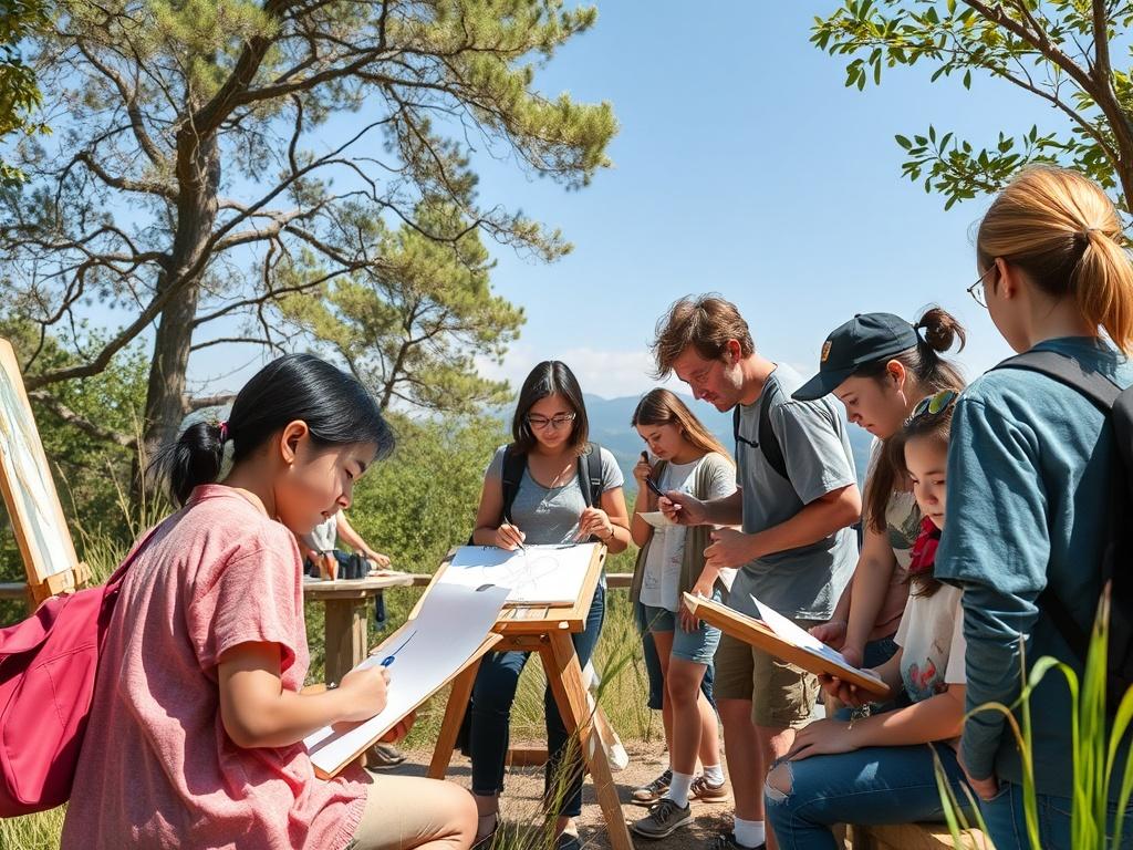 A realistic high-resolution image depicting participants engaging in real-life exploration of art, such as drawing outdoors or participating in interactive workshops. The scene should showcase natural elements and community interaction, emphasizing creativity and connection to the environment. The composition should be lively and inviting.