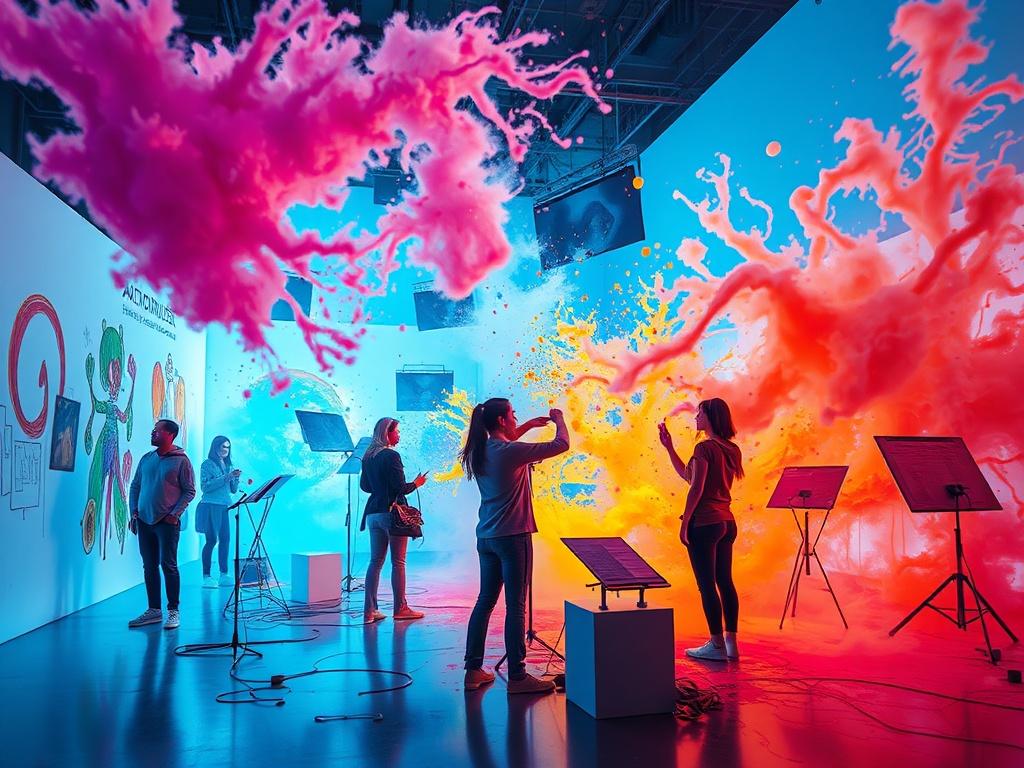 A realistic high-resolution image of an artistic multi-sensory experience featuring vibrant colors, dynamic movement, and elements of drawing and music. The scene should depict artists and participants engaging in various forms of artistic expression, with a background that suggests an immersive environment. The composition should be clean and focused on the interaction between people and art.