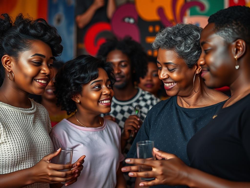 A realistic high-resolution image that captures a group of diverse individuals engaging in a multi-sensory art experience, showcasing emotional expressions and interactions. The background should be vibrant and artistic, highlighting the connection between participants and the art forms they are experiencing. The composition should emphasize emotional depth and engagement.