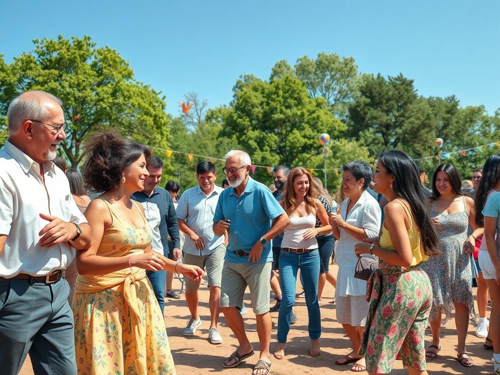 A vibrant community gathering in a park, where people of different ages and backgrounds are engaging in various activities like dancing, painting, and socializing. The atmosphere is festive and friendly, with colorful decorations and laughter in the air. The background features trees and a clear blue sky, emphasizing a joyful and inclusive environment.
