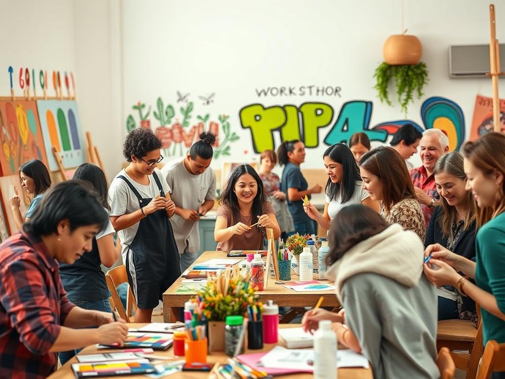 An engaging workshop scene where participants are actively involved in creative activities such as painting, crafting, and dancing. The atmosphere is lively and colorful, showcasing people smiling and having fun. The background is decorated with art supplies and vibrant murals, reflecting a sense of creativity and community spirit.