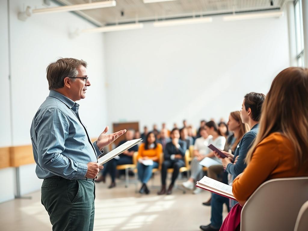A professional mentor giving a lecture to an engaged audience in a bright, modern hall. The mentor is animatedly explaining concepts while the audience takes notes and participates in discussions. The setting is filled with natural light and has an inspiring atmosphere, symbolizing knowledge sharing and growth.