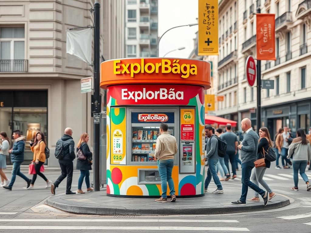 A realistic high-resolution photo of a vibrant ExploreBaga automat located on a busy street corner, with people interacting with it, showcasing the excitement of discovery in a lively urban setting.