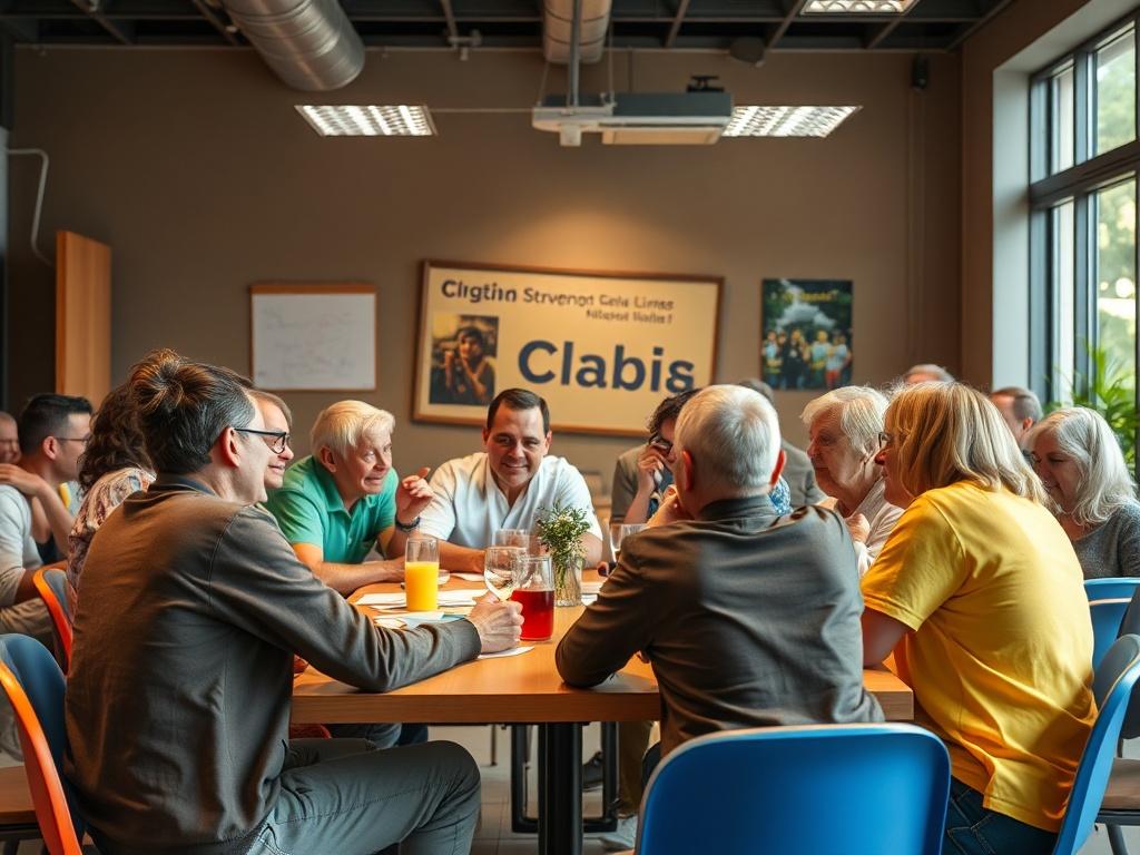 A realistic high-resolution photo of a lively club meeting with people engaging in activities, vibrant atmosphere, and clear focus on personal interactions and community building.