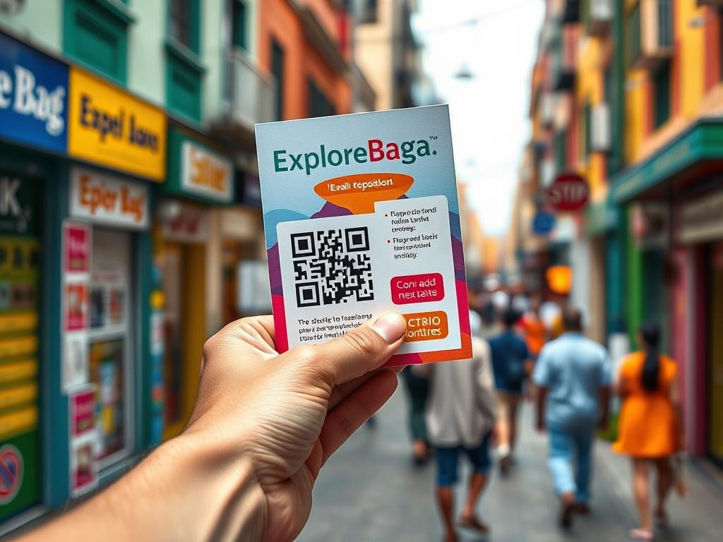 A realistic high-resolution photo of a hand holding an ExploreBaga template with a visible QR code, surrounded by vibrant colors and a lively urban background, showcasing a sense of exploration and community.