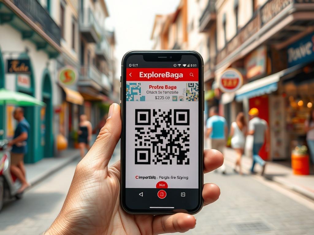 A realistic high-resolution photo of a smartphone scanning a QR code on the ExploreBaga template, with a lively street scene in the background, depicting a sense of connection and exploration.