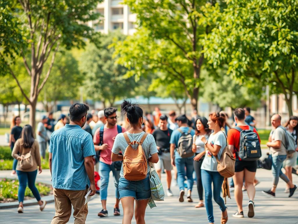 A realistic high-resolution photo of a diverse group of people interacting and exploring in an urban park, with vibrant colors and a sense of community engagement, showcasing the spirit of exploration.