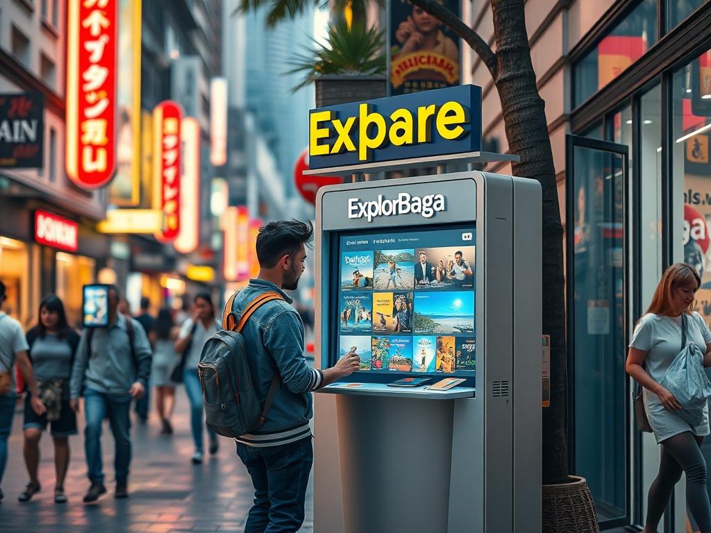 A vibrant and lively street scene showing a person interacting