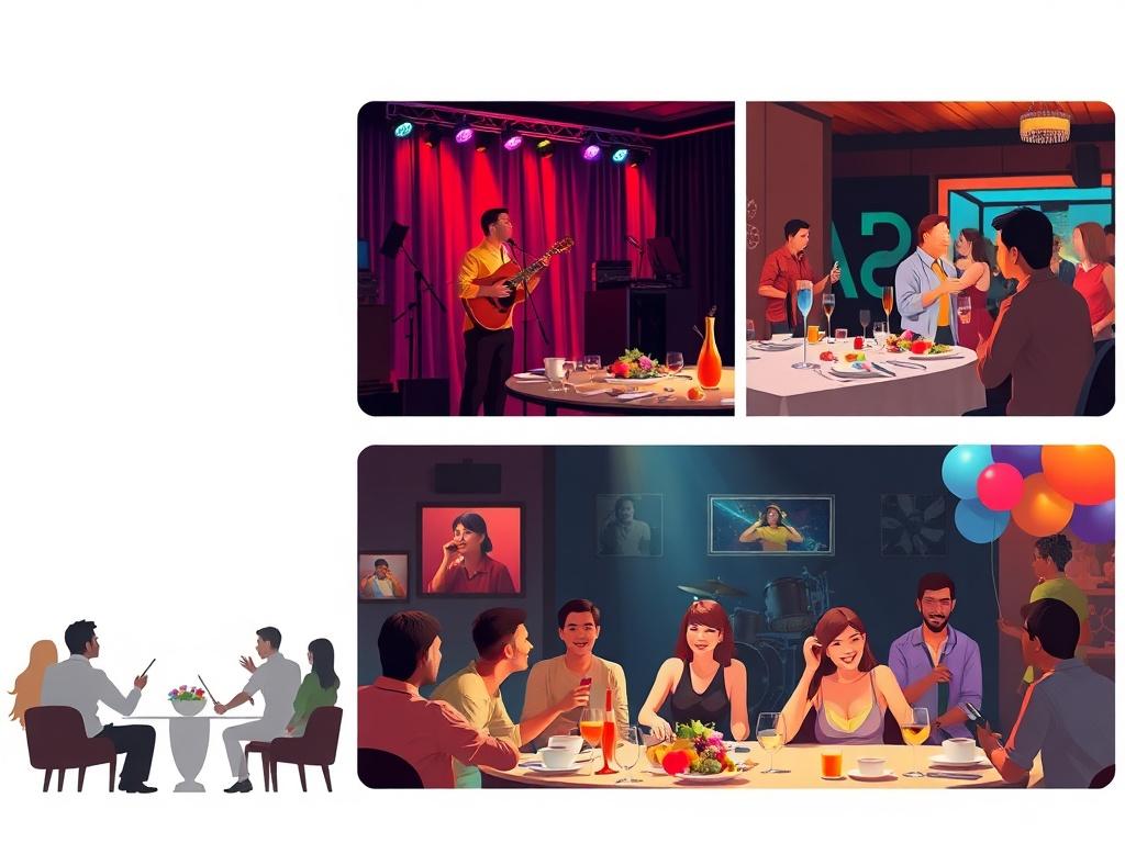 A high resolution of various club activities, including a concert,