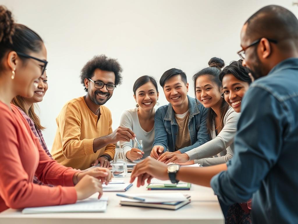 A group of diverse people engaging in a workshop, hands
