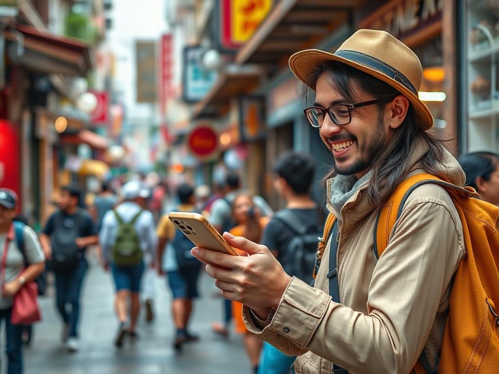 A happy explorer using a mobile app in a lively