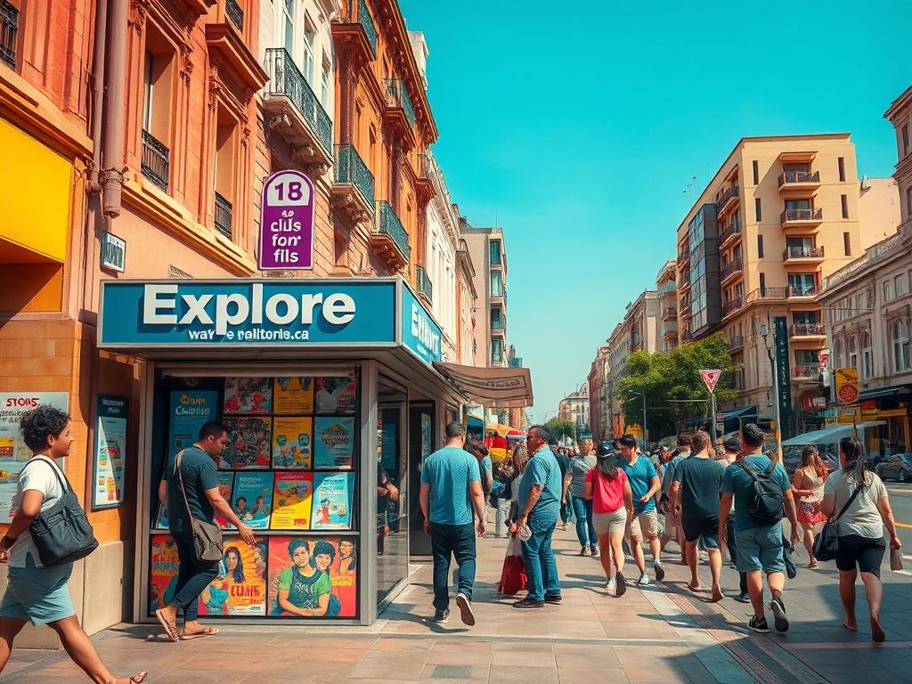 A vibrant city street with an ExploreBaga kiosk featuring colorful