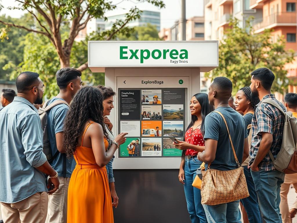 A group of diverse individuals gathered around an ExploreBaga kiosk,