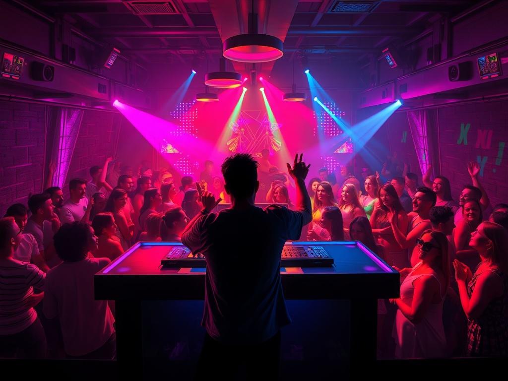 Create a highly detailed, realistic high-resolution photo featuring a vibrant nightclub scene to reflect the blog titled "Descoperă cluburi autentice." The composition should be simple and clear, focusing on a single subject: a lively dance floor filled with diverse, enthusiastic people enjoying the music and atmosphere.

The primary subject is an energetic DJ positioned at a sleek, modern DJ booth, passionately engaging with the crowd, surrounded by colorful lights and dynamic visuals creating an electrify