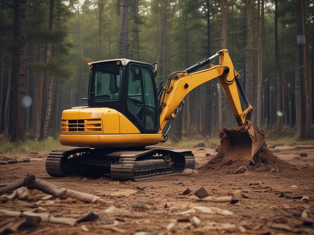 A close-up shot of a heavy-duty excavator clearing land, with dirt being moved aside. The background shows a partially cleared area with trees and brush, highlighting the contrast between raw land and cleared space. The image captures the power of the excavator in action, with detailed textures of the dirt and machinery. The color scheme features vibrant greens and earthy tones, compatible with the rgb(50, 170, 39) primary color.