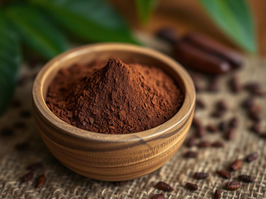 A realistic high-resolution close-up photo of cacao powder in a rustic wooden bowl placed on a natural textured surface. The focus is sharp on the rich brown cacao powder, shot with a 45mm f/1.2 lens style to emphasize fine details and texture. The background is softly blurred with subtle hints of green and warm brown tones to complement the rgb(0, 117, 98) primary color of the website. The composition is simple and clear, featuring only the cacao powder as the subject, evoking freshness and quality.