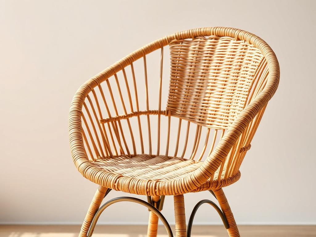 A close-up, hyper-realistic photo of a single handmade rattan chair, showcasing the intricate weaving details and natural texture. The chair is set against a simple, softly blurred background in shades compatible with rgb(0, 117, 98), emphasizing the craftsmanship and natural materials used. Shot with a 45mm f/1.2 lens style, the image highlights the fine details and warm tones of the rattan under natural light.