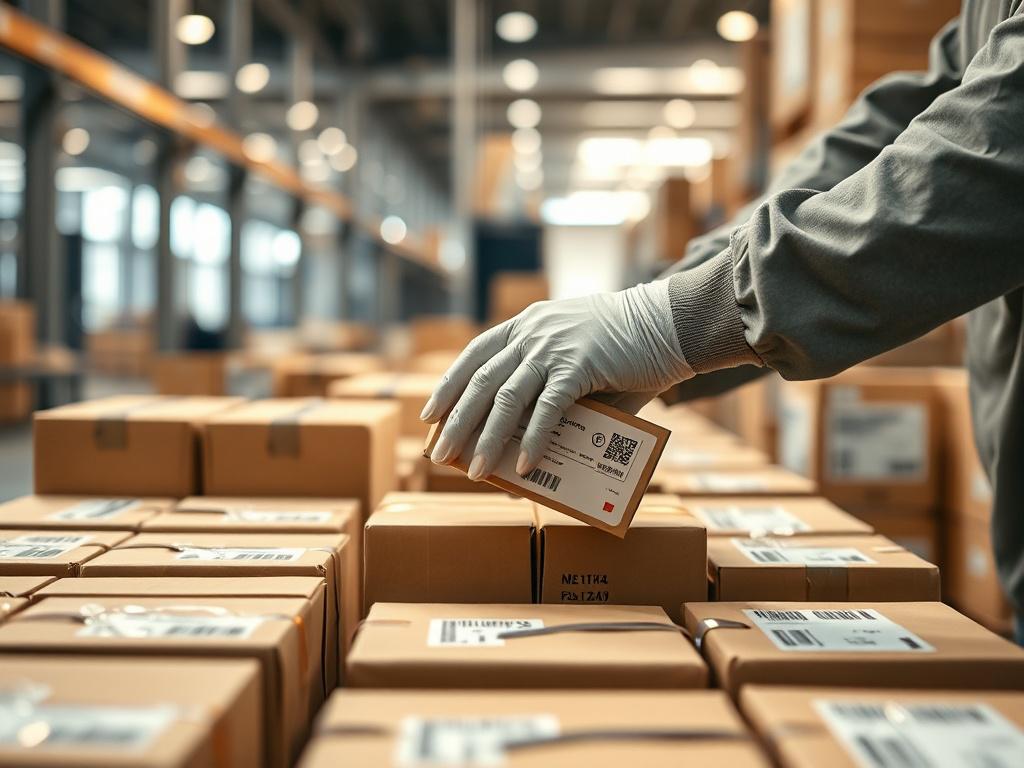 A hyper-realistic close-up shot of a modern factory workspace dedicated to rebranding and repacking products. The image features a single worker's hands carefully handling packaging materials with precision and care. The background is softly blurred to emphasize the meticulous process, showcasing neatly arranged boxes and labels ready for shipment. The lighting is warm and natural, highlighting the textures of the packaging materials. The color scheme includes subtle hints of rgb(0, 117, 98) to align with t