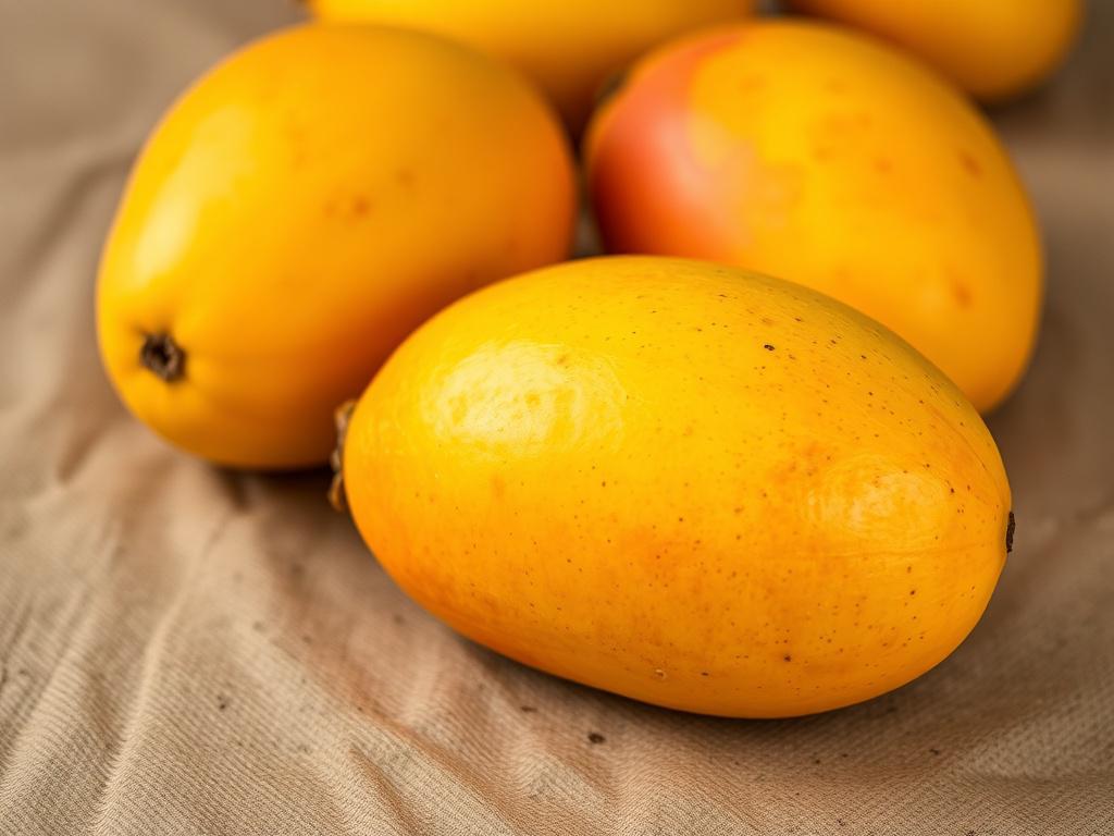 A hyper-realistic, high-resolution close-up photo of ripe Philippine mangoes. The composition features a single, perfectly shaped mango in sharp focus, captured with a 45mm f/1.2 lens style to emphasize texture and color depth. The mango has a vibrant golden-yellow skin with a slight blush of red, resting on a natural, neutral background that complements the rgb(0, 117, 98) primary color without overpowering the subject. The lighting is soft and natural, highlighting the mango's juicy and fresh appearance.