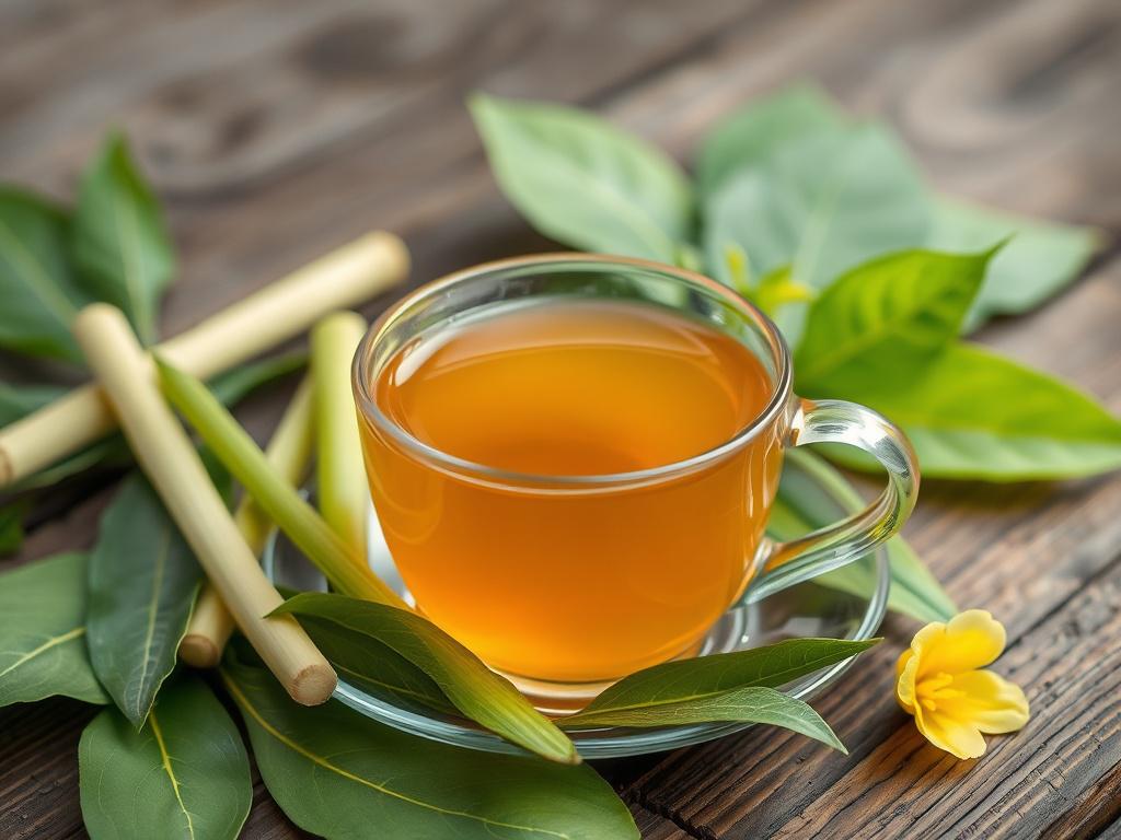 A close-up, hyper-realistic photo of a steaming cup of herbal tea placed on a rustic wooden table. The tea is a golden amber color, surrounded by fresh lemongrass stalks, vibrant green banaba leaves, and bright malunggay (moringa) leaves artfully arranged around the cup. Shot with a 45mm f/1.2 lens style, the focus is sharp on the tea cup with a softly blurred natural background in shades compatible with rgb(0, 117, 98). Natural lighting highlights the textures and colors, emphasizing freshness and authenti