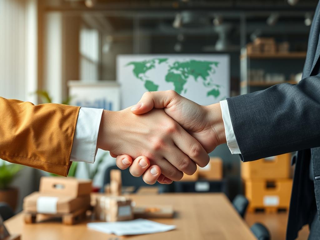 A hyper-realistic close-up shot of a professional handshake between a supplier and a buyer, symbolizing a successful procurement deal. The image is shot with a 45mm f/1.2 lens style, focusing sharply on the hands while softly blurring the background. The background consists of a modern office setting with subtle hints of global trade elements such as product samples and logistics charts. The lighting is natural and highlights the texture of the skin and the business attire. The image color tone is compatibl
