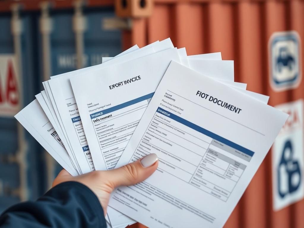 A close-up shot of a professional hand holding neatly organized export documents including invoices, packing lists, and certificates. The documents are crisp and clearly visible, with a subtle background of a shipping container and logistics symbols blurred out. The image is hyper-realistic, captured with a 45mm f/1.2 lens style, featuring natural lighting and a focus on the paperwork to emphasize accuracy and compliance. The primary color rgb(0, 117, 98) is subtly incorporated in the background elements an