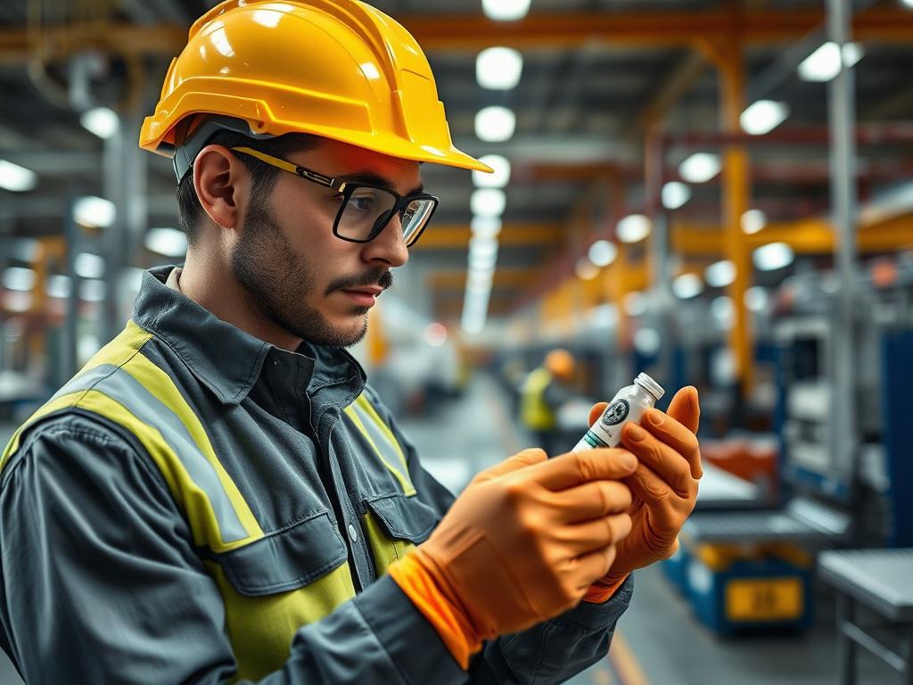 A realistic high-resolution photo of a man in a factory conducting sample checks. The man is wearing safety gear including a helmet and gloves, carefully inspecting a product sample. The background shows an organized factory setting with machinery and workers in the distance, slightly blurred to keep focus on the man. The composition is a close-up shot taken with a 45mm f/1.2 lens style, highlighting the precision and attention to detail in the inspection process. The color scheme is compatible with the rgb