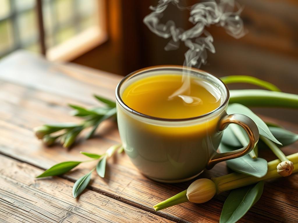 A hyper-realistic close-up shot of a steaming cup of Moringa herbal tea placed on a rustic wooden table. The tea is a rich golden-green color, with fresh malunggay leaves and lemongrass stalks artfully arranged beside the cup. The background is softly blurred with warm natural light highlighting the texture of the tea and leaves. The image is shot with a 45mm f/1.2 lens style, emphasizing clarity and depth, compatible with the rgb(0, 117, 98) primary color.