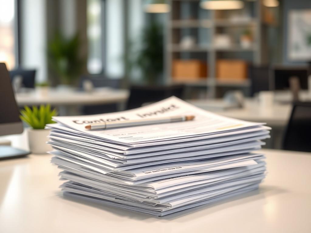 A detailed close-up shot of a stack of export documents, including customs paperwork, neatly organized on a clean desk. The documents are clearly visible, showcasing important headings like 'Commercial Invoice', 'Packing List', and 'Bill of Lading'. The background features a blurred office environment, suggesting a professional setting. The color scheme includes shades of green to align with the primary color rgb(0, 117, 98), creating a cohesive and inviting atmosphere.