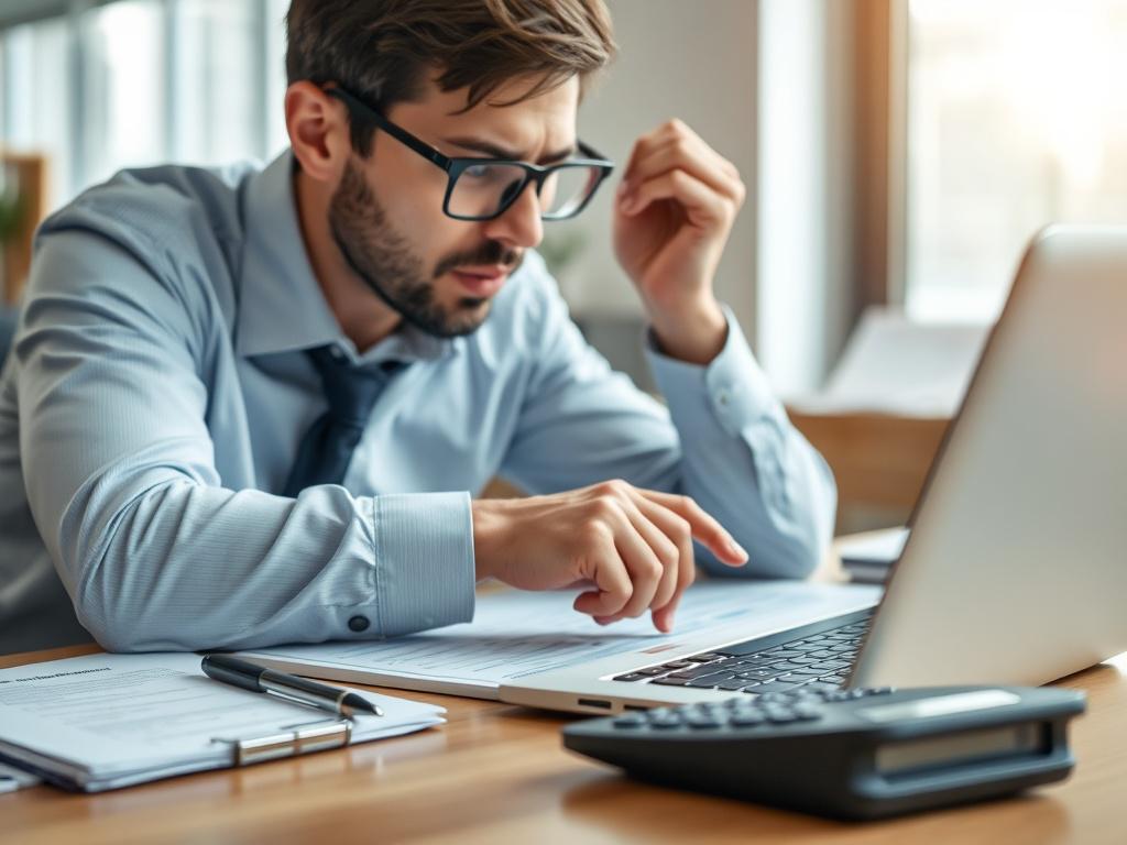 A hyper-realistic close-up photo of a professional procurement agent at work, captured with a 45mm f/1.2 lens style. The subject is focused on negotiating over a laptop with documents and a calculator on the desk. The background is softly blurred, highlighting the intense focus and detail of the negotiation process. The color scheme subtly incorporates the rgb(0, 117, 98) primary color to reflect the brand identity.