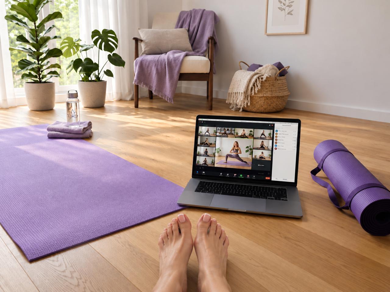 Laptop showing a live online yoga class, with a yoga mat beside it