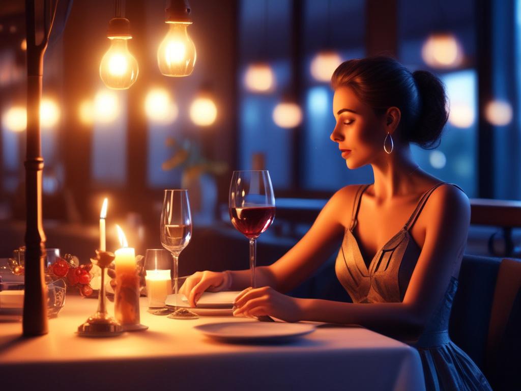 A romantic scene featuring a couple enjoying a candlelit dinner