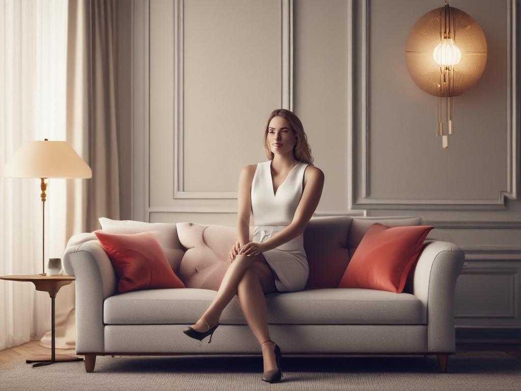 A beautiful young woman in elegant attire, sitting gracefully on