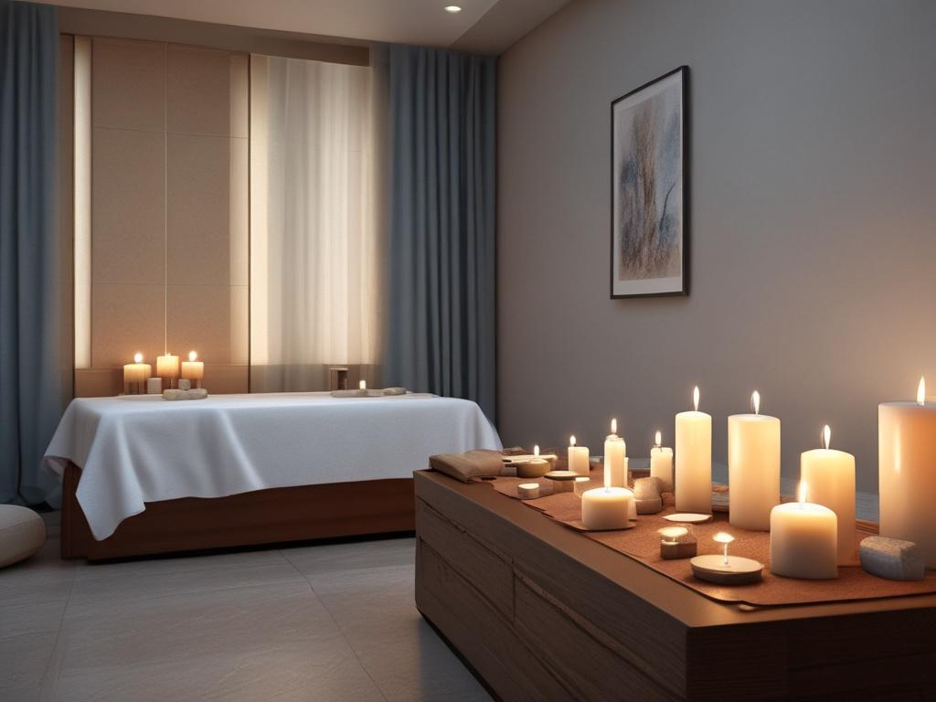 A serene spa setting featuring a massage table adorned with