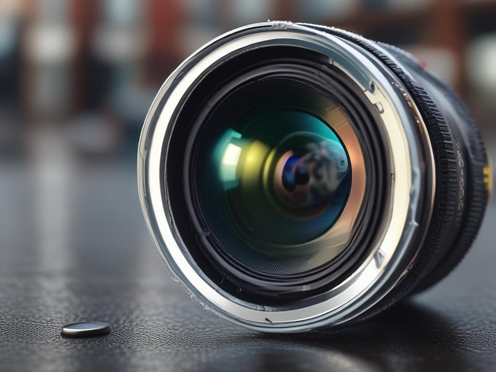 A close-up shot of a camera lens with a blurred background, showcasing the intricate details of the lens and the reflections on its glass. The image should be hyper-realistic, focusing on the lens and capturing the essence of photography, with soft lighting and rich colors that align with rgb(162, 175, 127).