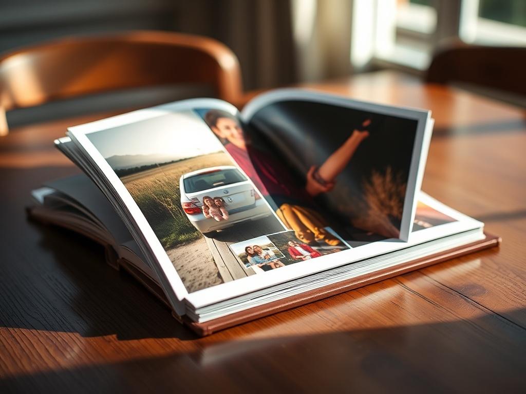 A close-up shot of an elegant custom photo book opened to display vibrant, high-quality photographs. The book should rest on a wooden table, with soft natural light illuminating the pages, showcasing the rich colors and details of the images. The background should be softly blurred, emphasizing the book as the focal point, evoking feelings of nostalgia and warmth.
