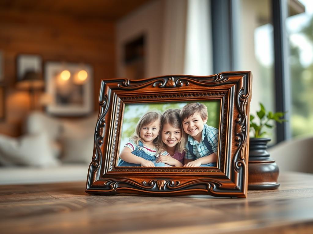 A realistic high-resolution close-up shot of a beautifully crafted custom photo frame displaying a vibrant family photo. The frame is made of polished wood with intricate carvings, enhancing the picture's visual appeal. The background features a soft, blurred interior setting with warm lighting, creating an inviting atmosphere. The focus is sharp on the frame and the photo, capturing the detail of the craftsmanship.