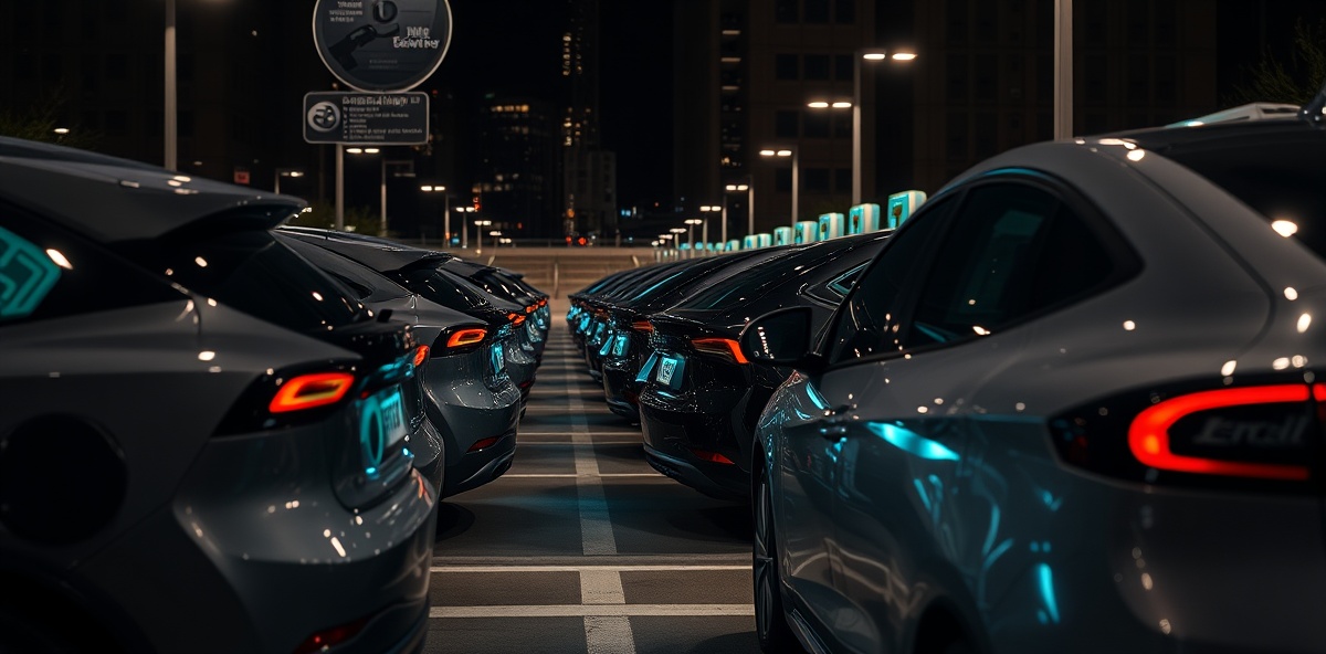 Electric vehicle fleet at night charging station