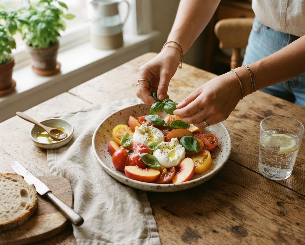Tomato and peach salad being assembled on a sunlit rustic table