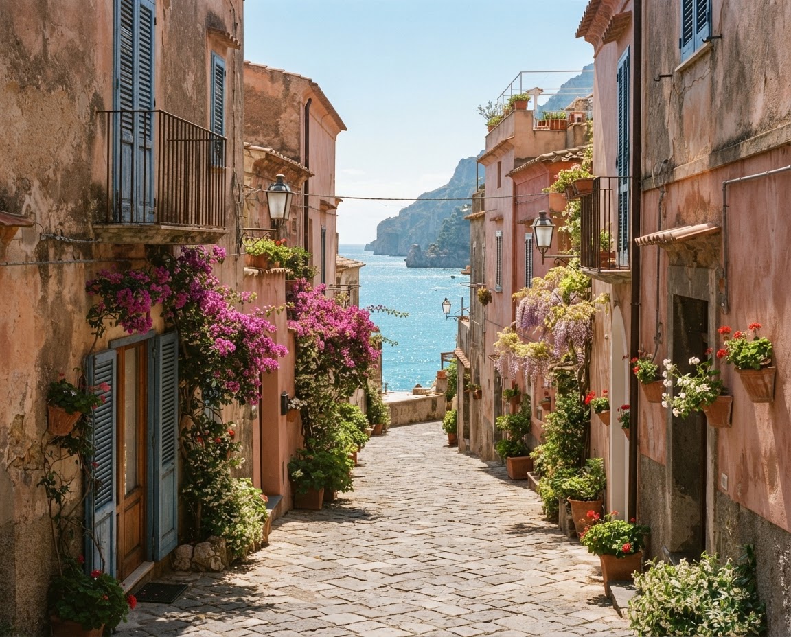 A quiet Mediterranean street, glowing in the afternoon sun