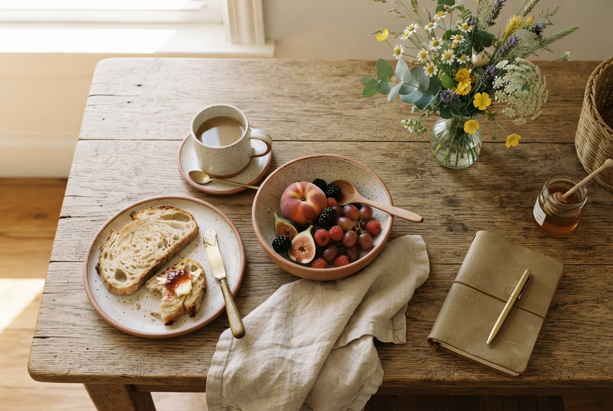 A sunlit breakfast table set with fruit, coffee and fresh flowers